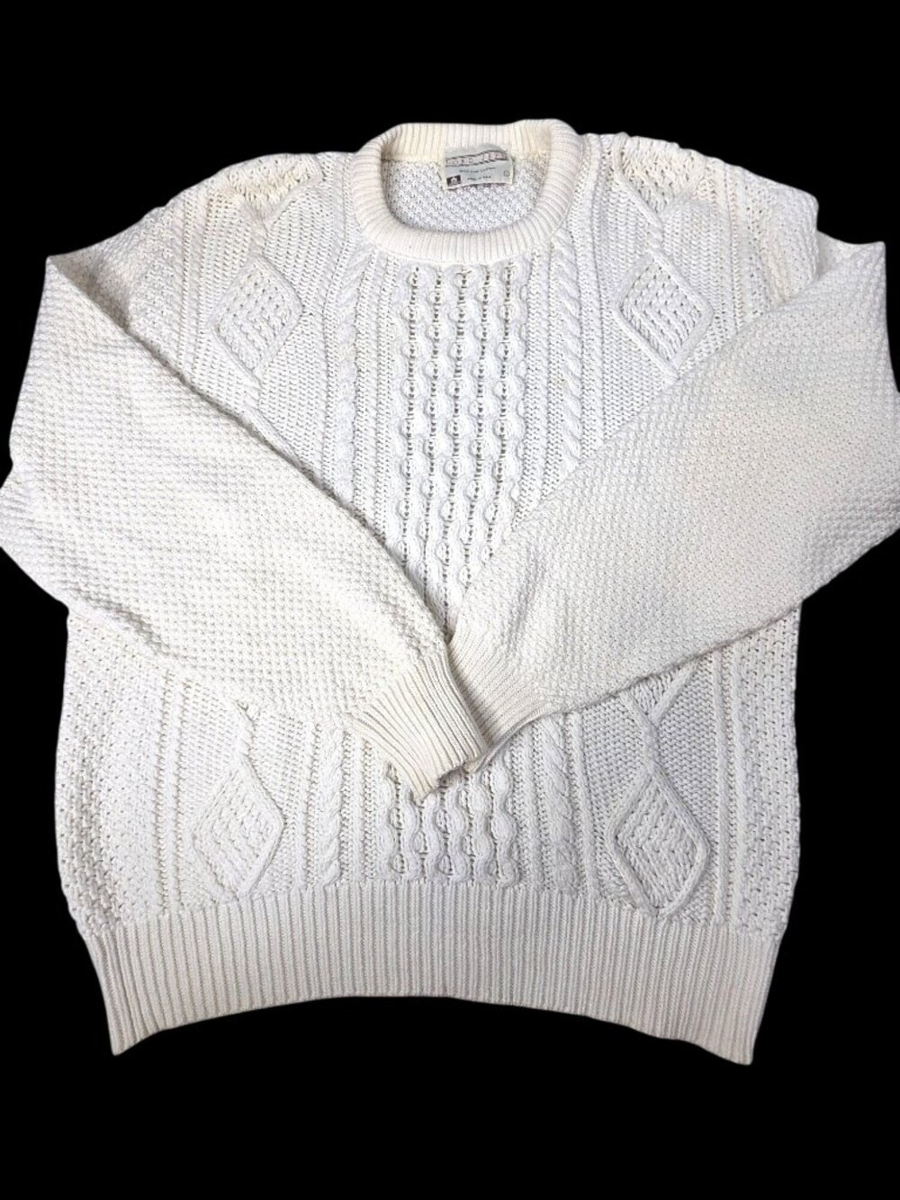 Vintage Lord Jeff White Cable Knit Sweater 100% Cotton Made In USA Size Large